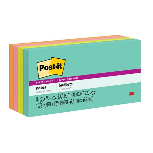 Post-it® Super Sticky Notes - Miami Collection 2 x 2 in. 90-sheet pad (pkg 8)