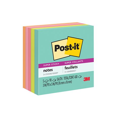 Feuillets Post-it® Super Sticky - collection Miami 3 x 3 po. bloc de 90 feuillets (pqt 5)