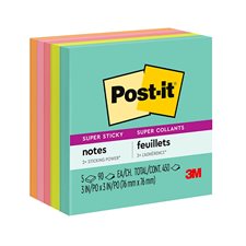 Feuillets Post-it® Super Sticky - collection Miami 3 x 3 po. bloc de 90 feuillets (pqt 5)