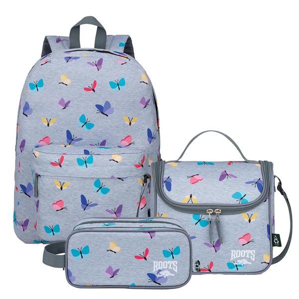 Ensemble sac à dos, boîte à lunch et étui à crayons papillons gris
