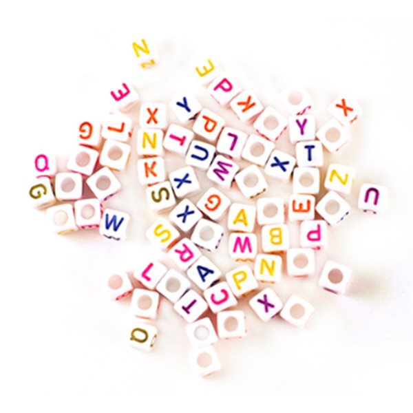 Cubic Alphabet Beads - Pack of 68 - White with Colored Letters