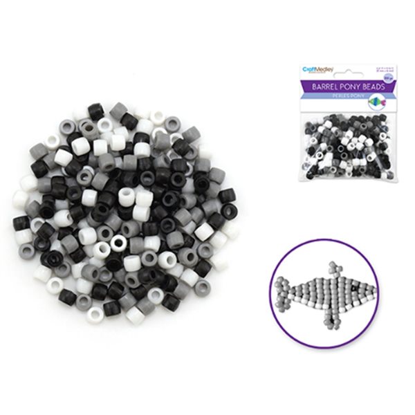 Barrel Pony Beads - Pack of 200 - Black, Grey and White