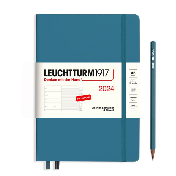 Agenda hebdomadaire et cahier de notes 2024 - Couverture rigide - Bleu