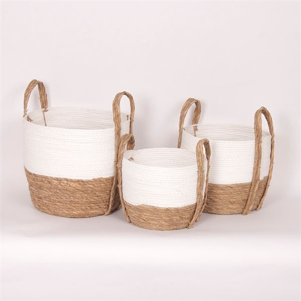 Round Straw Basket - White and Natural - Large