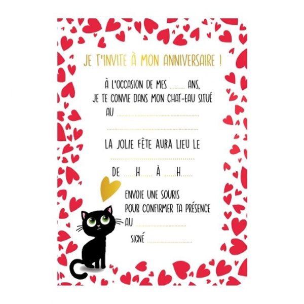 Cartes d'invitation – Chat et cœurs