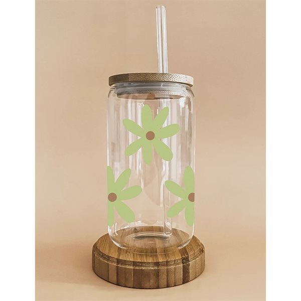 Cold Beverages Glass (16 oz) - Green Daisies