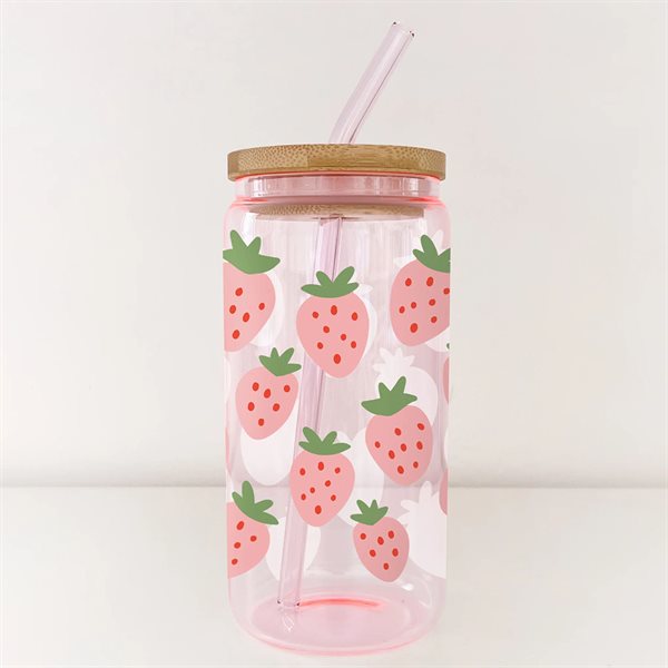 16 oz Cold Beverages Glass - Pink Strawberries