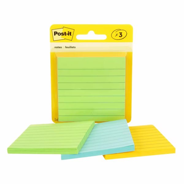 Feuillets autoadhésifs lignés Post-it® - 2,875 x 2,875 po - Couleurs variées - Paquet de 3
