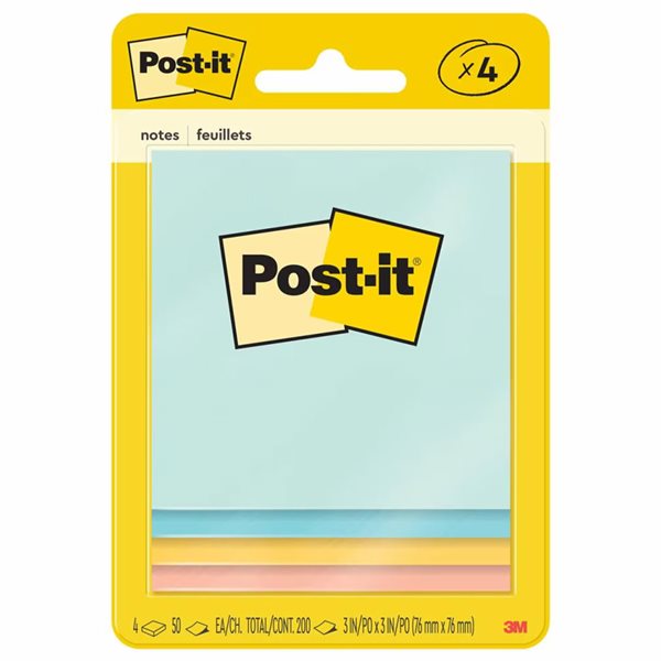 Feuillets autoadhésifs Post-it® - 3 x 3 po - Couleurs variées - Paquet de 4
