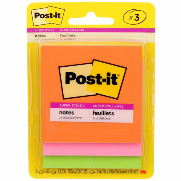 Feuillets autoadhésifs Post-it® Super Collants - 3 x 3 po - Couleurs variées - Paquet de 3