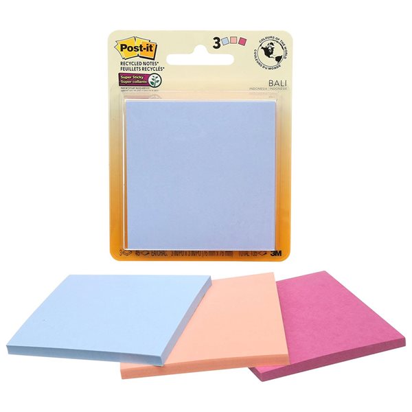 Feuillets autoadhésifs recyclés Post-it® Super Collants - 3 x 3 po - Couleurs variées - Paquet de 3