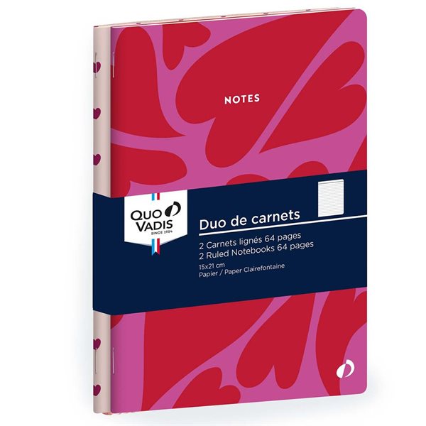 Carnets de notes minces lignés en duo Fantaisie Quo Vadis - Cœurs