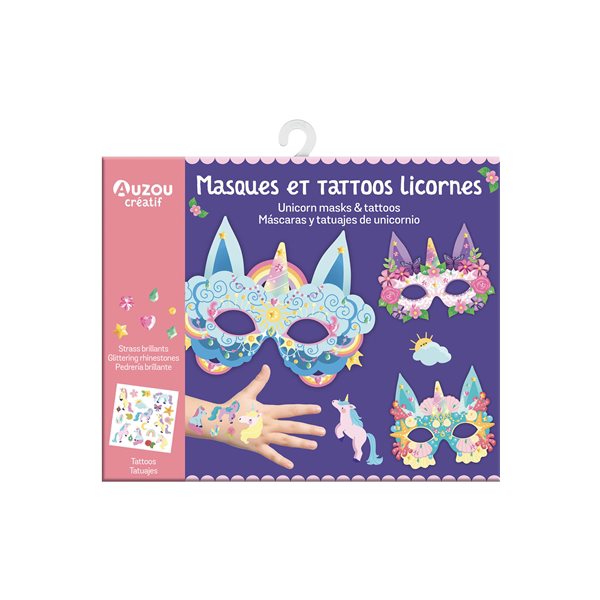 Masques et tattoos licornes = Unicorn masks & tattoos = Mascaras y tatuajes de unicornio, Auzou créatif