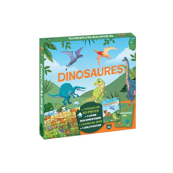 Dinosaures : 1 puzzle de 50 pièces, 1 livre documentaire, 1 livre de jeux, 1 joli poster